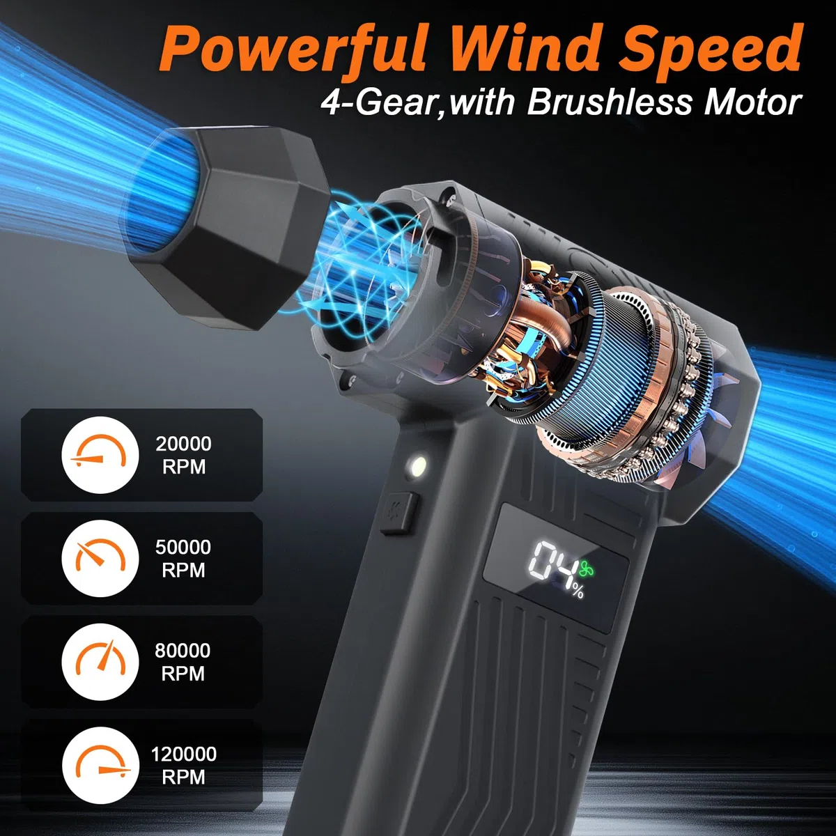 Longzhuo computer soffiatore elettrico, 200.000 giri al minuto, 4 velocità ​​ Eliminatore di polvere turbo ventilatore, adatto per computer, tastiere, automobili e pulizia domestica