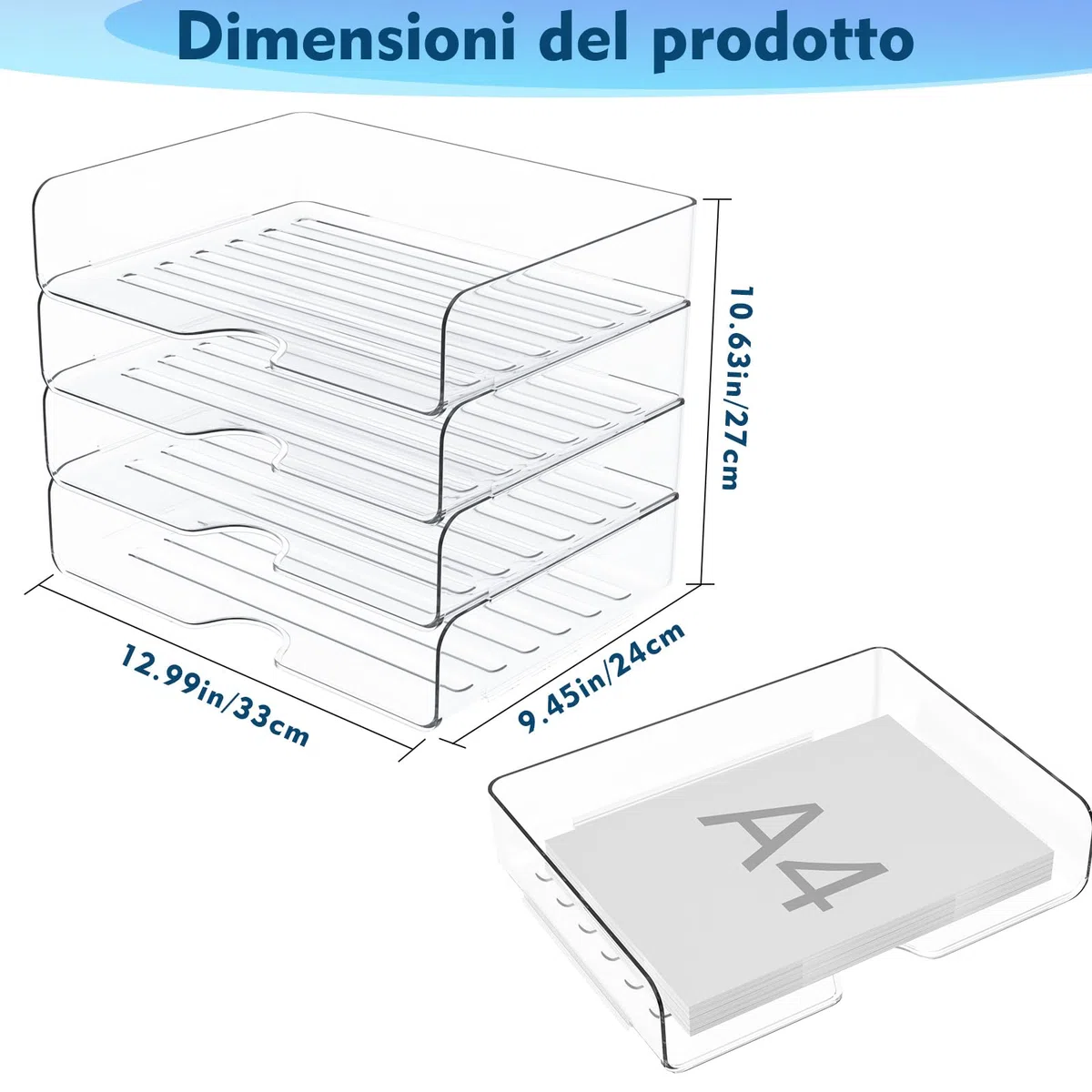 4 vassoi per lettere in acrilico di alta qualità, trasparenti, impilabili, mensole per documenti, formato A4