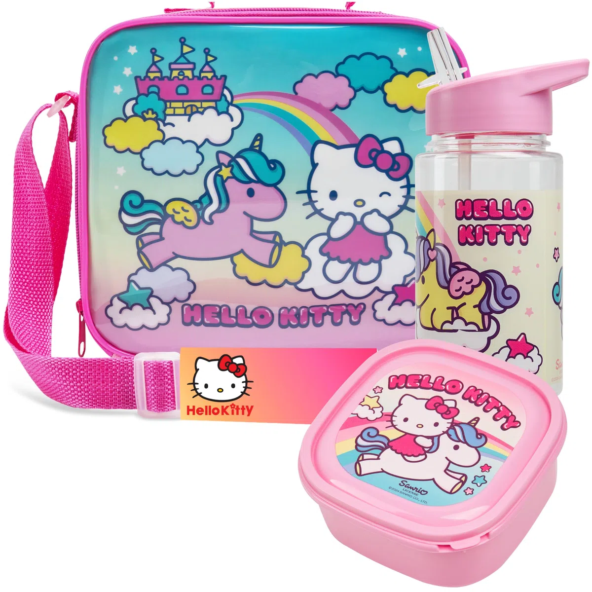 Get Trend Hello Kitty Borsa Porta Pranzo Bambini Set 3 Pz con Senza BPA Porta Merenda 400ml Borraccia Borsa Termica Viaggio Picnic Scuola (Hello Kitty)