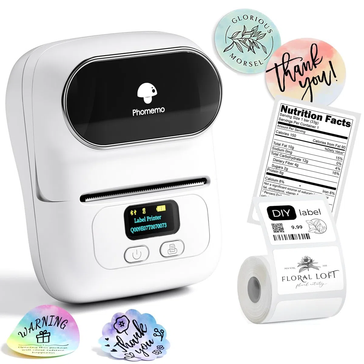 Phomemo M110 Etichettatrice Portatile, Bluetooth Etichettatrice Etichette Adesive,Stampante Etichette Adesive termica Ideale per Codici a barre, Cucina, negozi, Compatibile con Android iOS, Bianca