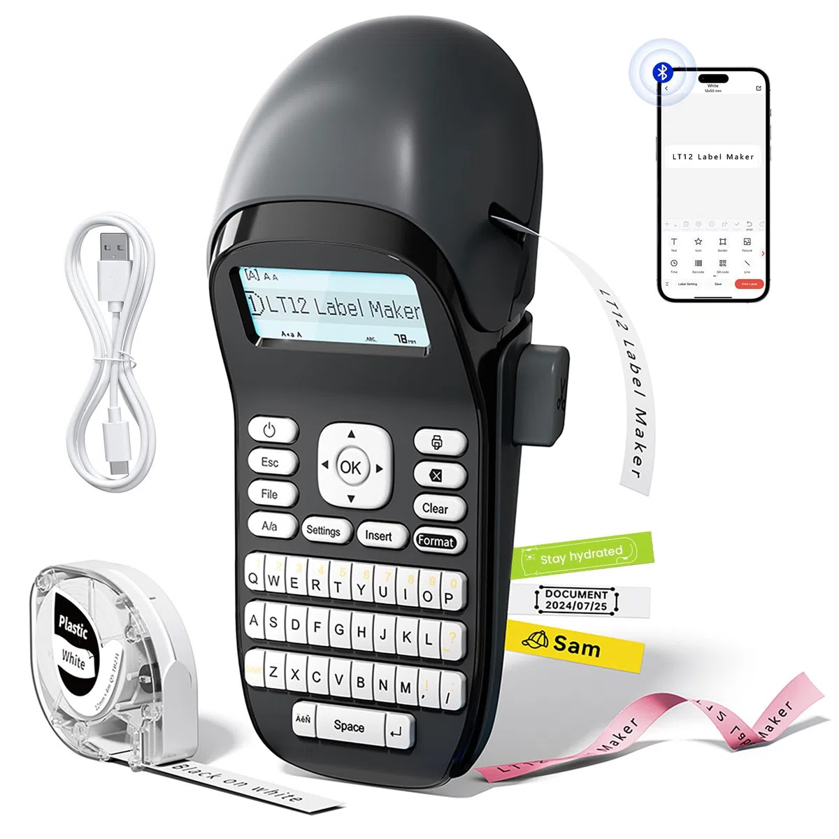 Phomemo LT12 Etichettatrice, Bluetooth Stampante per Etichettatrice Etichette Adesive, Etichettatrici portatile con tastiera QWERTZ Per Casa, L'ufficio,Stampa su Etichette Serie da 3.5 a 12 mm