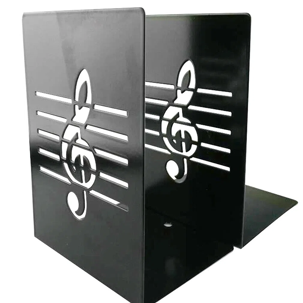 Un paio di supporti reggilibri in metallo nero, con nota musicale, creativi, di tendenza per bambini, amanti della musica, decorazione di casa e ufficio Nero