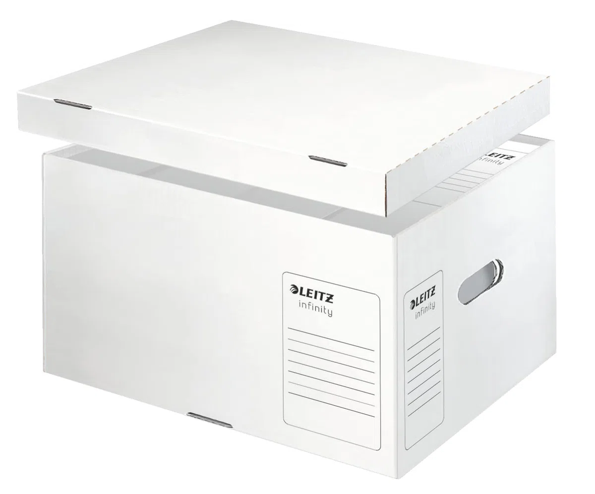 Leitz Scatola Archivio e Trasporto con Coperchio superiore integrato, Cartone privo di acidi, Confezione piatta, Bianco, Large, Gamma Leitz Infinity, 61040000