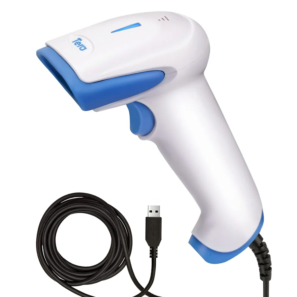 Tera Lettori di codici a barre Barcode Scanner laser 1D portatile cablato USB con materiale antibatterico, Plug and Play, Modello 3106 (Bianco-Blu)