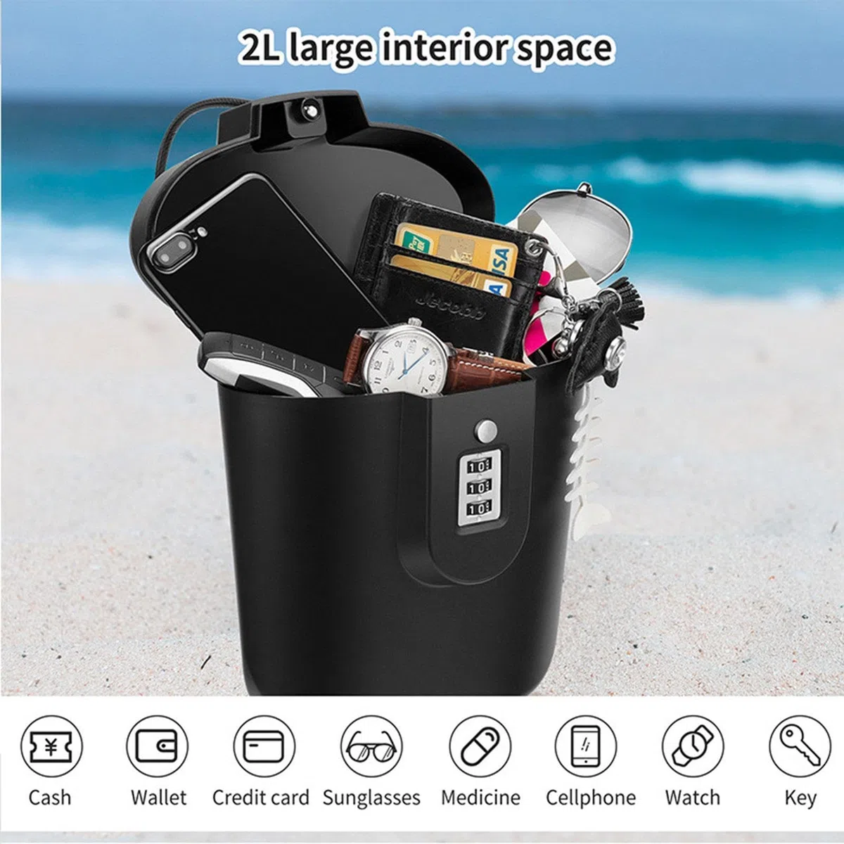 Cassetta Di Sicurezza Portatile Da Spiaggia - Confezione Di Secchielli Sicuri E Impermeabili, Unità Di Archiviazione Per Chiavi Per Le Vacanze | Custodia Di Sicurezza Di Grandi Dimensioni Da Due Litri
