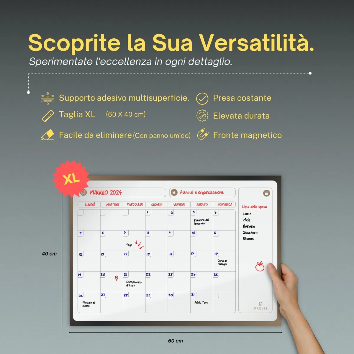 PREVIS Lavagna Calendario Magnetico da Muro Cancellabile Mensile e Settimanale 60x40CM - Planner Lavagna Magnetica da Parete con 3 Pennarelli -Adesivo che non Danneggia il Muro