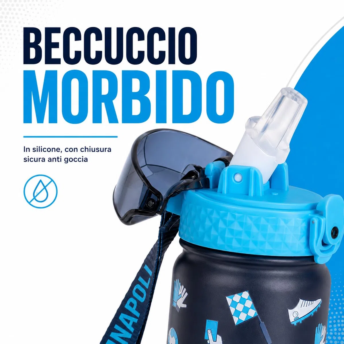 Colourbook Borraccia Termica Bambini 400 Ml Napoli Ufficiale, Acciaio Inox, 12 Ore Caldo Freddo, Beccuccio Silicone, Per Scuola Asilo Sport Piccoli Tifosi (Blu)