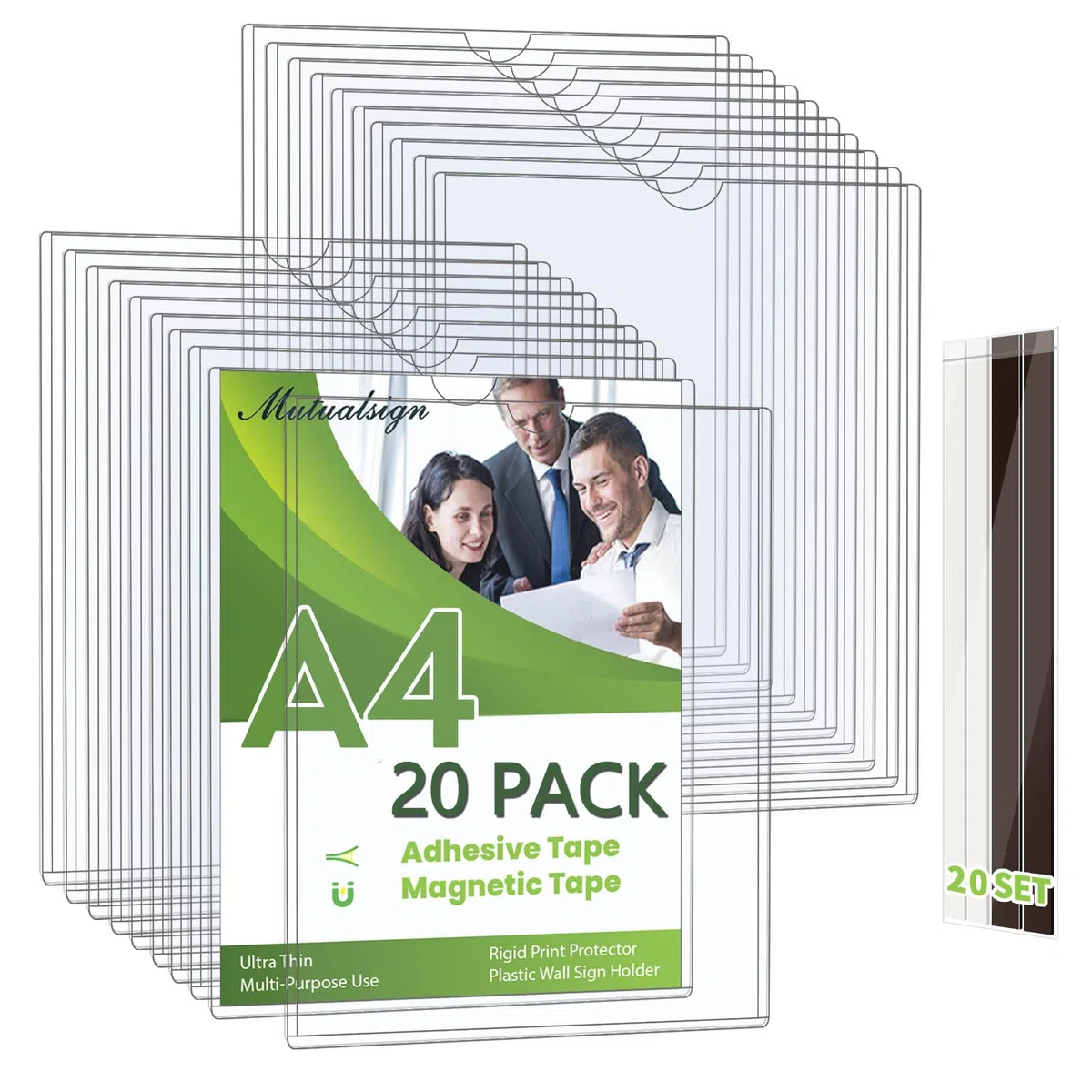 Confezione da 20 supporti murali magnetici A4 - Protezioni rigide con bande adesive e magnetiche - Supporto murale in plastica per ufficio, negozio, casa, finestra