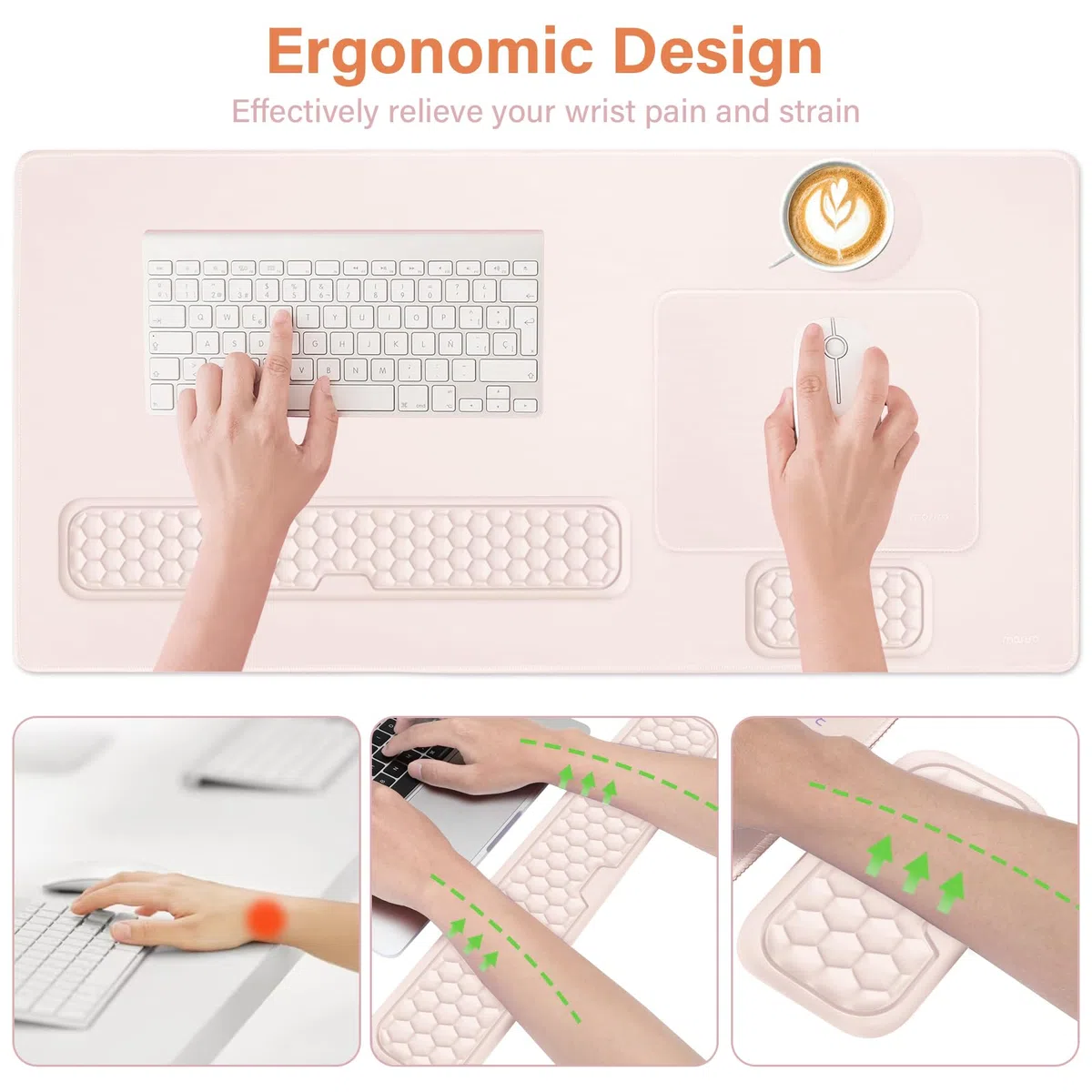 MOSISO Grande Tappetino Mouse Gioco&Poggiapolsi Tastiera Massage&Tappetino Mouse&Coaster,Set Cuscinetti Ergonomici Antiscivolo e Cuscino Typing Facile con Memory Foam L'Ufficio Domestico,Albicocca
