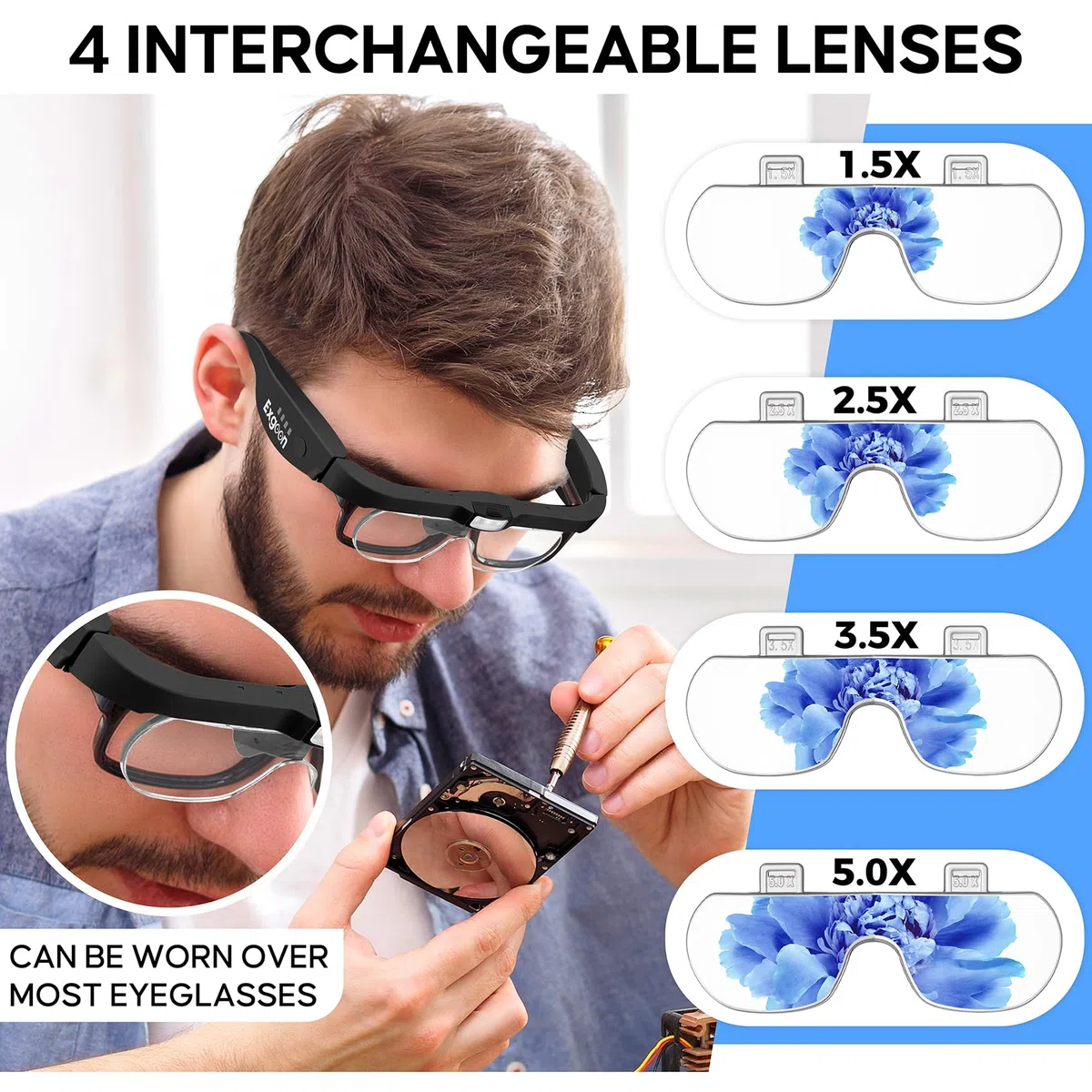 Lente d'ingrandimento con luce, lente d'ingrandimento da 1,5x a 5x, con 4 lenti staccabili, ricaricabile a mani libere, per lavori ravvicinati, hobby, artigianato, gioielli (Nero)