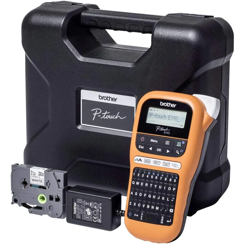 Brother pte110vpzg1 P-Touch Etichettatrice, con Adattatore di Alimentazione e Duro PC Custodia, Provenienza Germania
