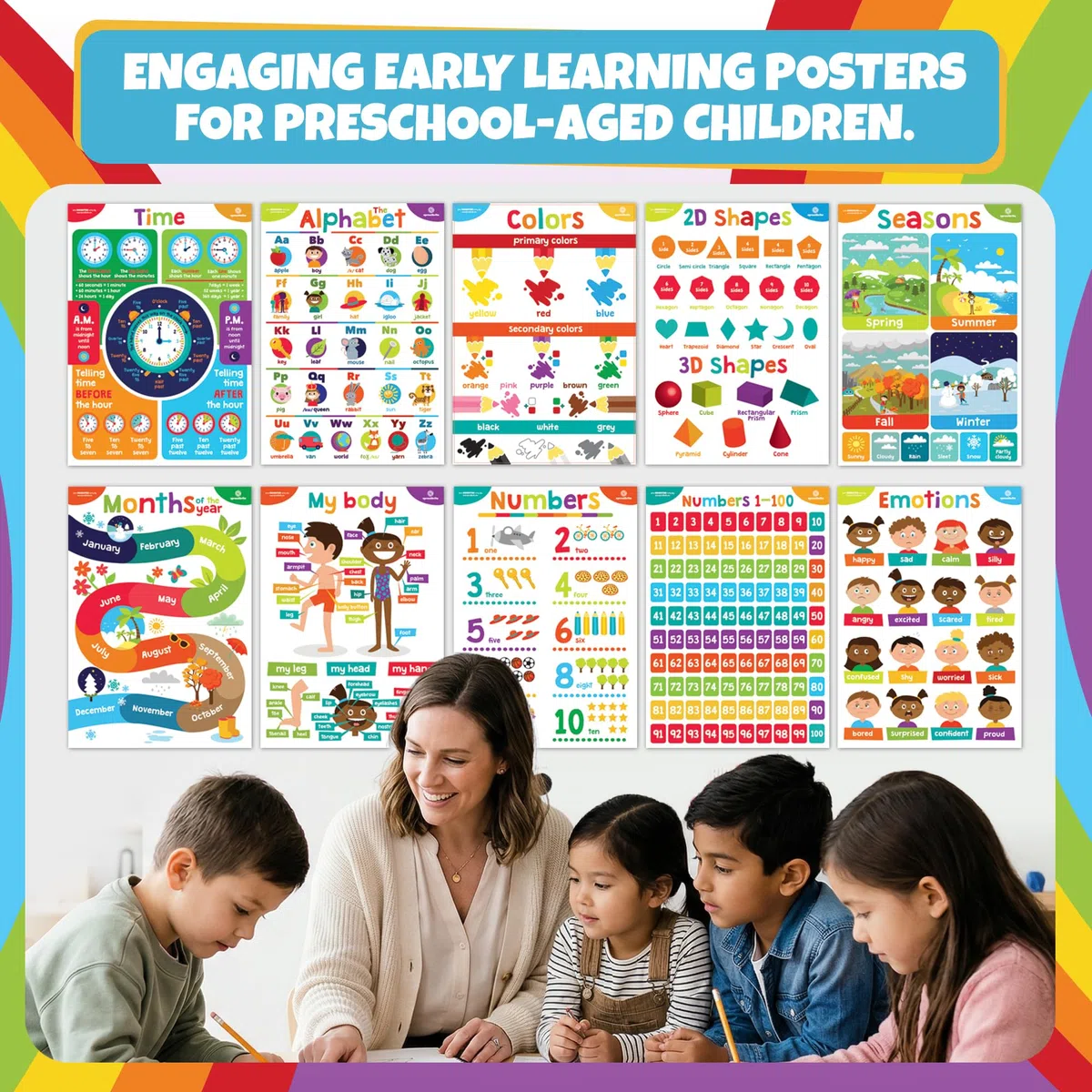Sproutbrite Poster educativi per bambini – Decorazioni per aule – Materiali per la scuola materna – Decorazione per l'apprendimento prescolare – Poster ABC – 11 grafici per l'apprendimento a distanza