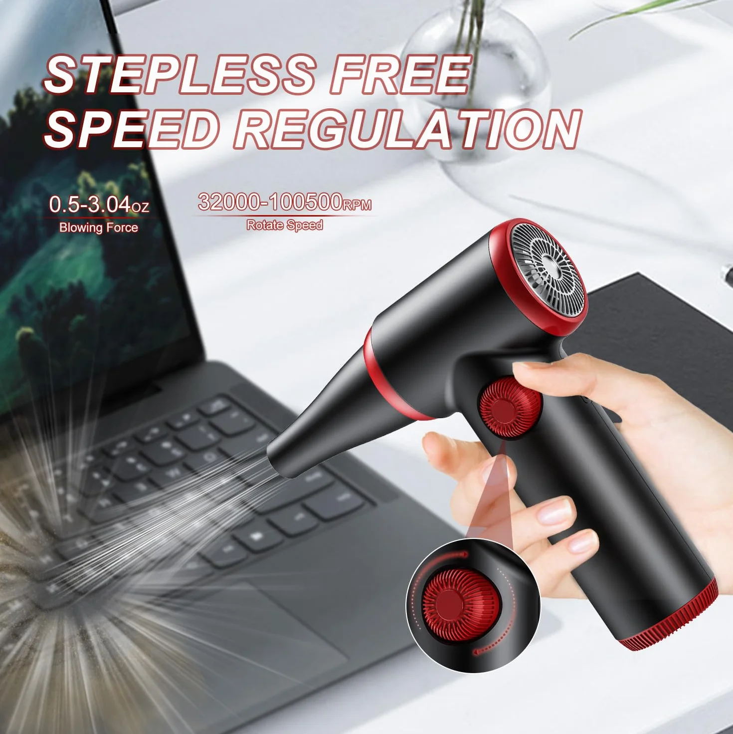 ATEngeus Elettrico Rimuovi Polvere Aria Compressa, Spolverino Elettrico da 100500 Giri/min con Luce LED, Velocità Continua Aria Compressa Senza Fili, Air Duster per Tastiera, Laptop, Auto