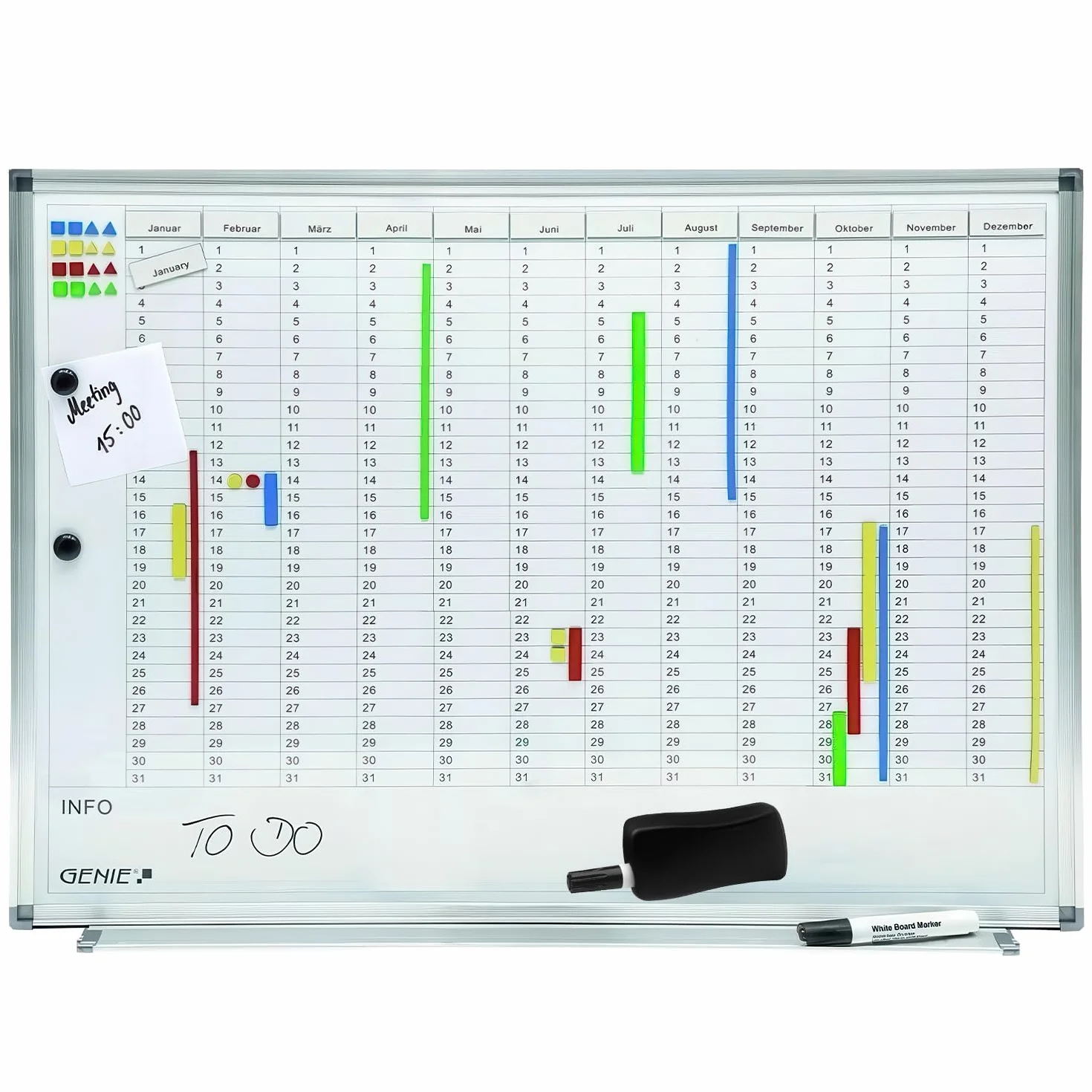 Genie AP2000 - Lavagna magnetica scrivibile, con suddivisione mensile e annuale, cornice in alluminio, 77 x 56 cm