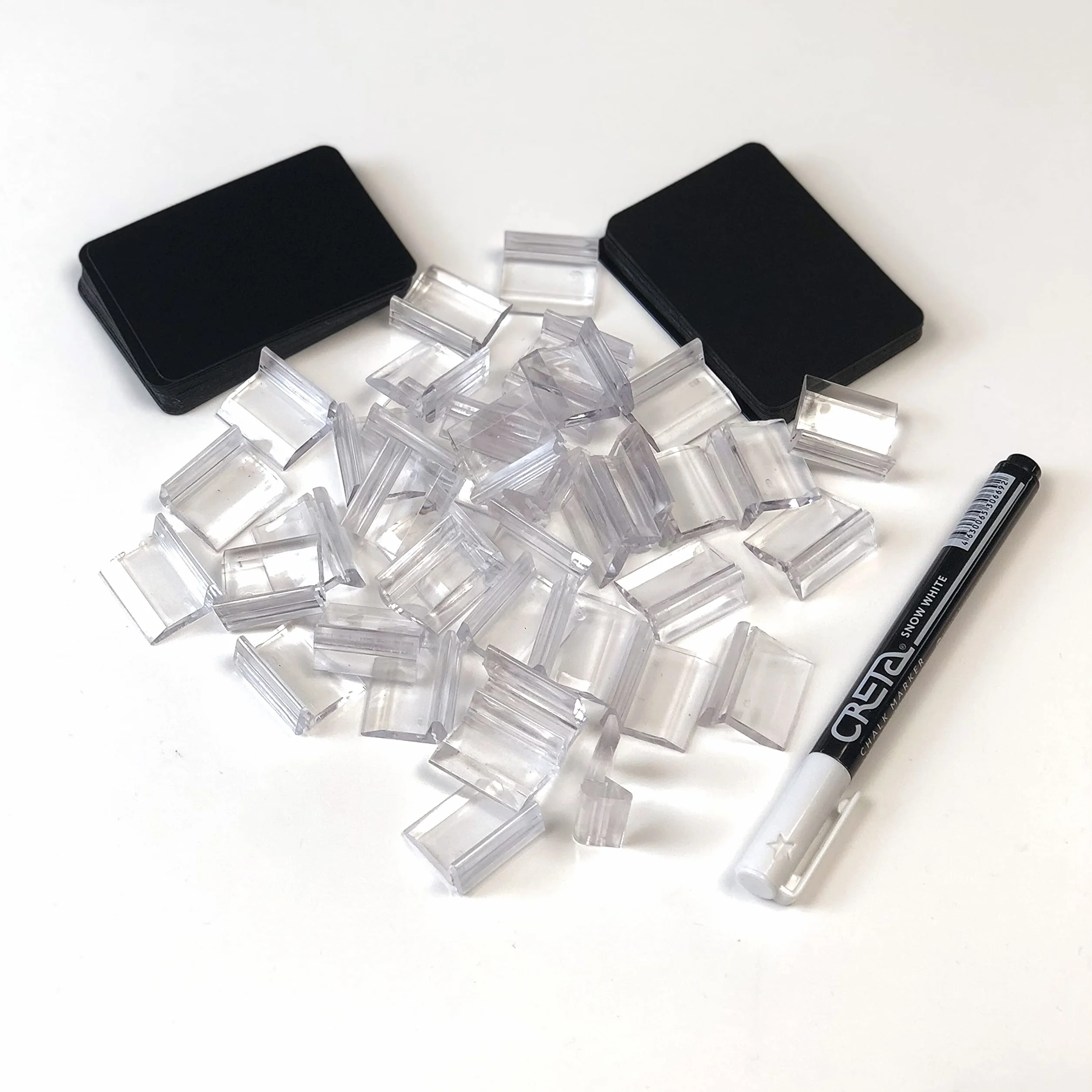 Confezione da 40 lavagne sintetiche riutilizzabili + 40 eleganti basi da 25 mm + pennarello a gesso liquido, Lavagna sintetica portaprezzi, Lavagne portaprezzi, Mini lavagne portaprezzi