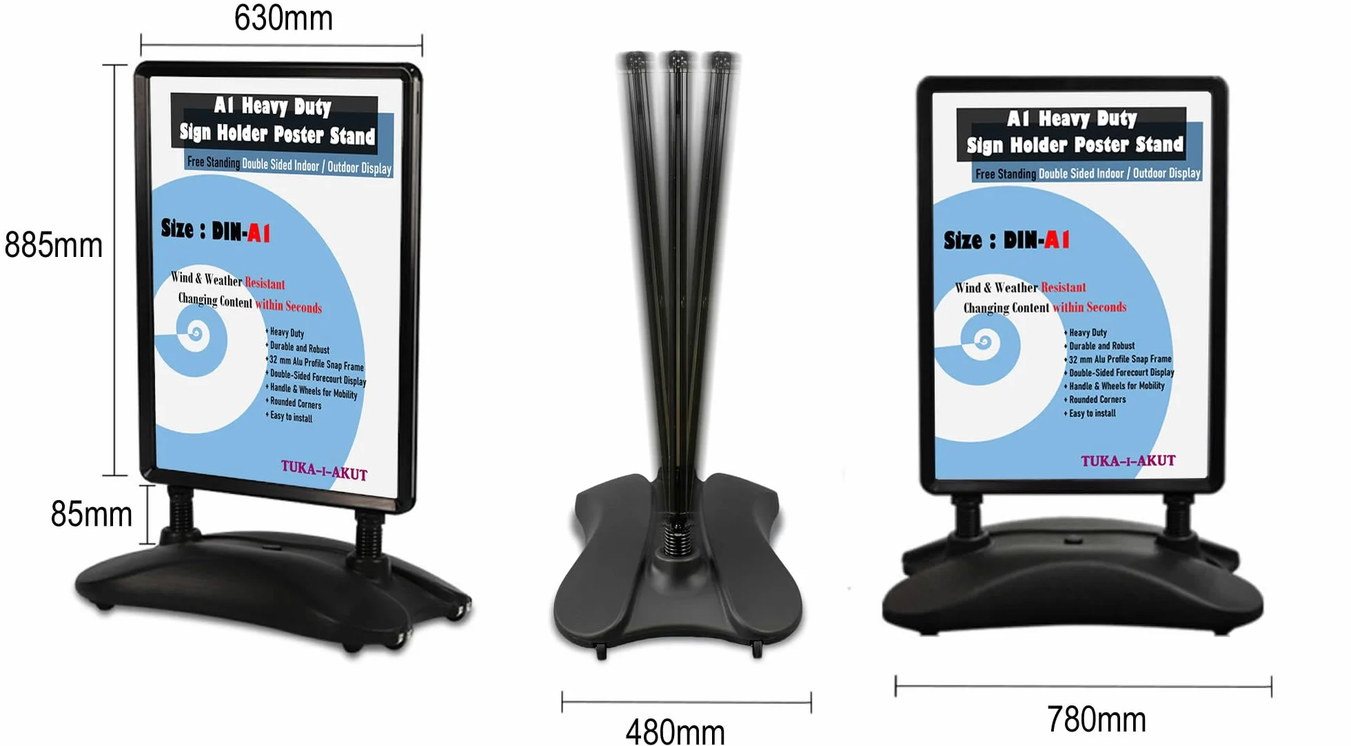 TUKA-i-AKUT A1 Supporto per Poster Bifacciale, Base Resistente con Ruote e Serbatoio, Alluminio Telaio, Cavalletto Espositore Pubblicitario per Una Posizione Sicura Interni ed Esterni, TKD8425 Nero