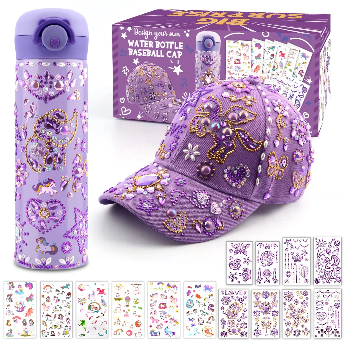 Regalo Bambina 4 5 6 7 8 9 10 11 Anni, Kit Borraccia e Berretto da Baseball Fai Da Te con Gemma e Unicorno Adesivi, Compleanno Regali per Ragazze DIY Bottiglia D'acqua e Cappellino da Baseball