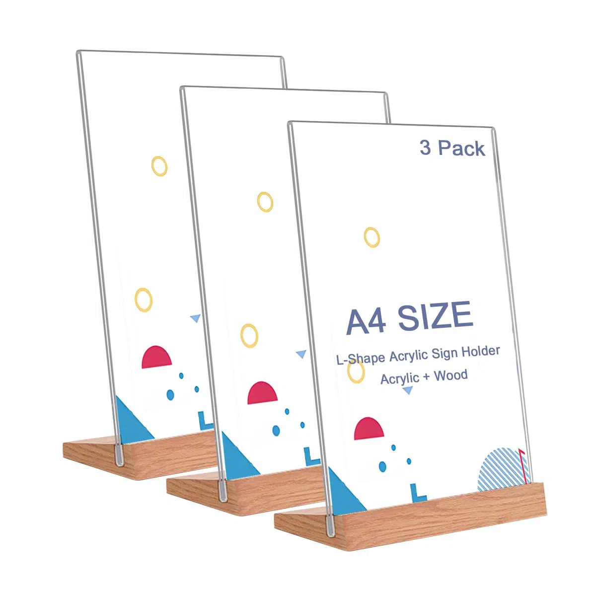 3 pezzi Espositori A4 con base in legno, in acrilico per poster, volantini, menù, supporto a L per espositori pubblicitari, ristorante, bancone (A4 Vertikal-Klar)