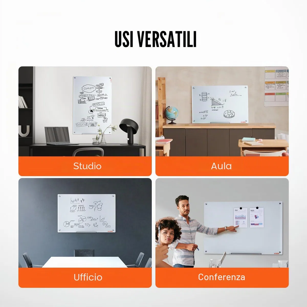 VEVOR Lavagna magnetica in vetro cancellabile a secco 90 x 60 cm, Lavagna per promemoria da parete, Vassoio per pennarelli, per Ufficio scuola ristorante casa