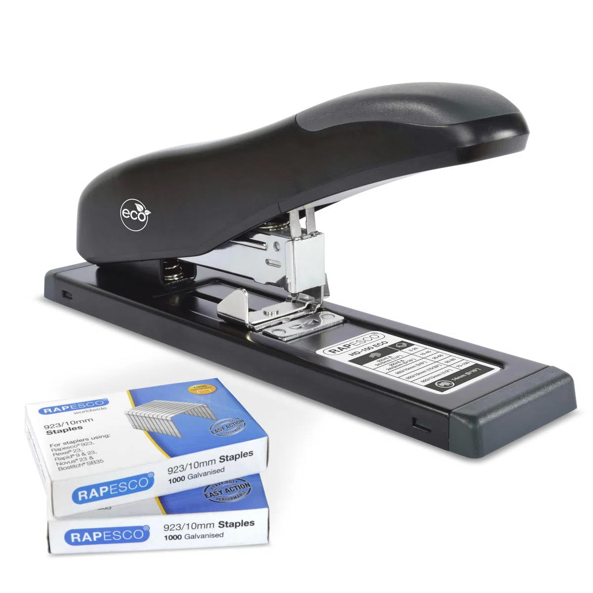 Rapesco 1307 ECO HD-100 Pinzatrice per Alti Spessori con 2000 Punti Tipo 923/10 mm, Capacità 100 Fogli, Nero