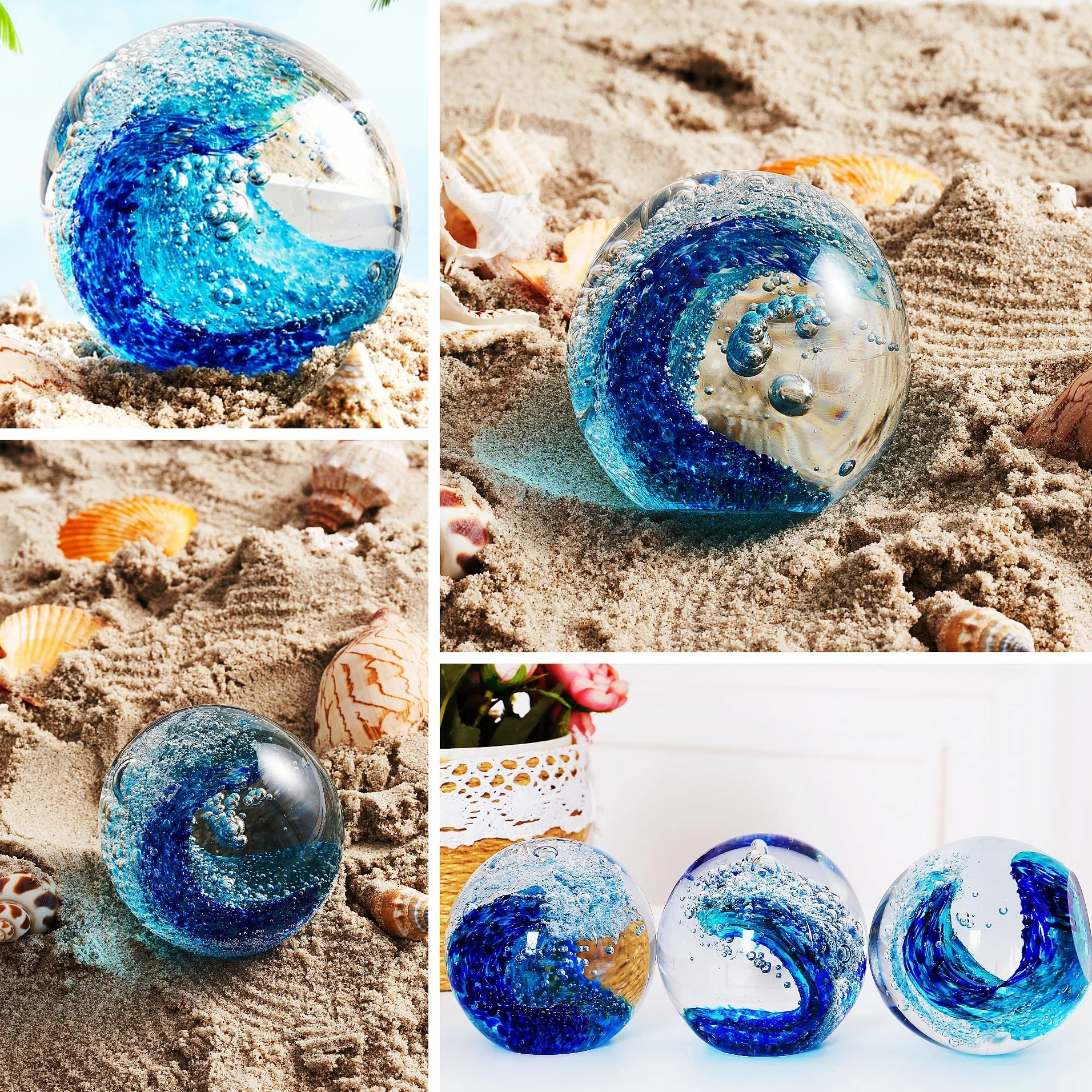 EUSTUMA Statuette in vetro soffiato a mano con onde oceaniche, fermacarte in vetro per scrivania, decorazione per la casa da collezione, per acquario e ufficio