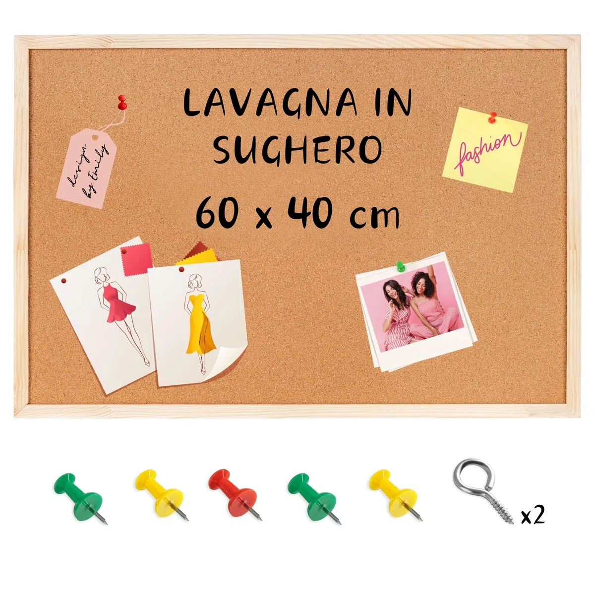 Creative Home Lavagna in Sughero 60x40 cm (+/-2cm) Bacheca da Parete con Cornice in Legno Pino | Lavagnetta Sughero con Puntine, Pannello Sughero da Parete per Scuola, Casa, Ufficio, Camera Bambini