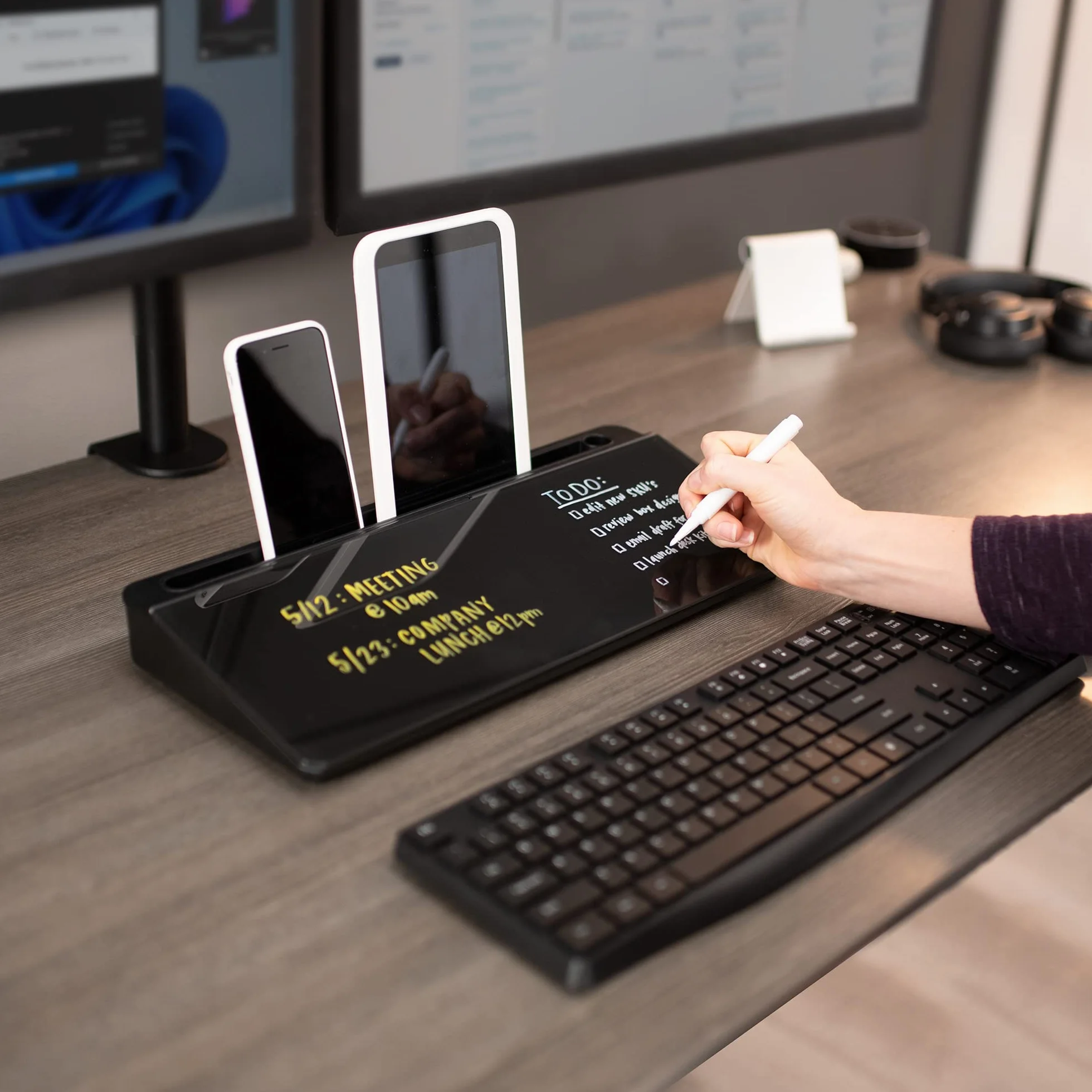 Vivo Lavagna in vetro cancellabile a secco da 40,6 x 17,8 cm con contenitore, organizer per lavagna bianca da scrivania con scomparti nascosti e slot per dispositivo, nero, DESK-WB16B