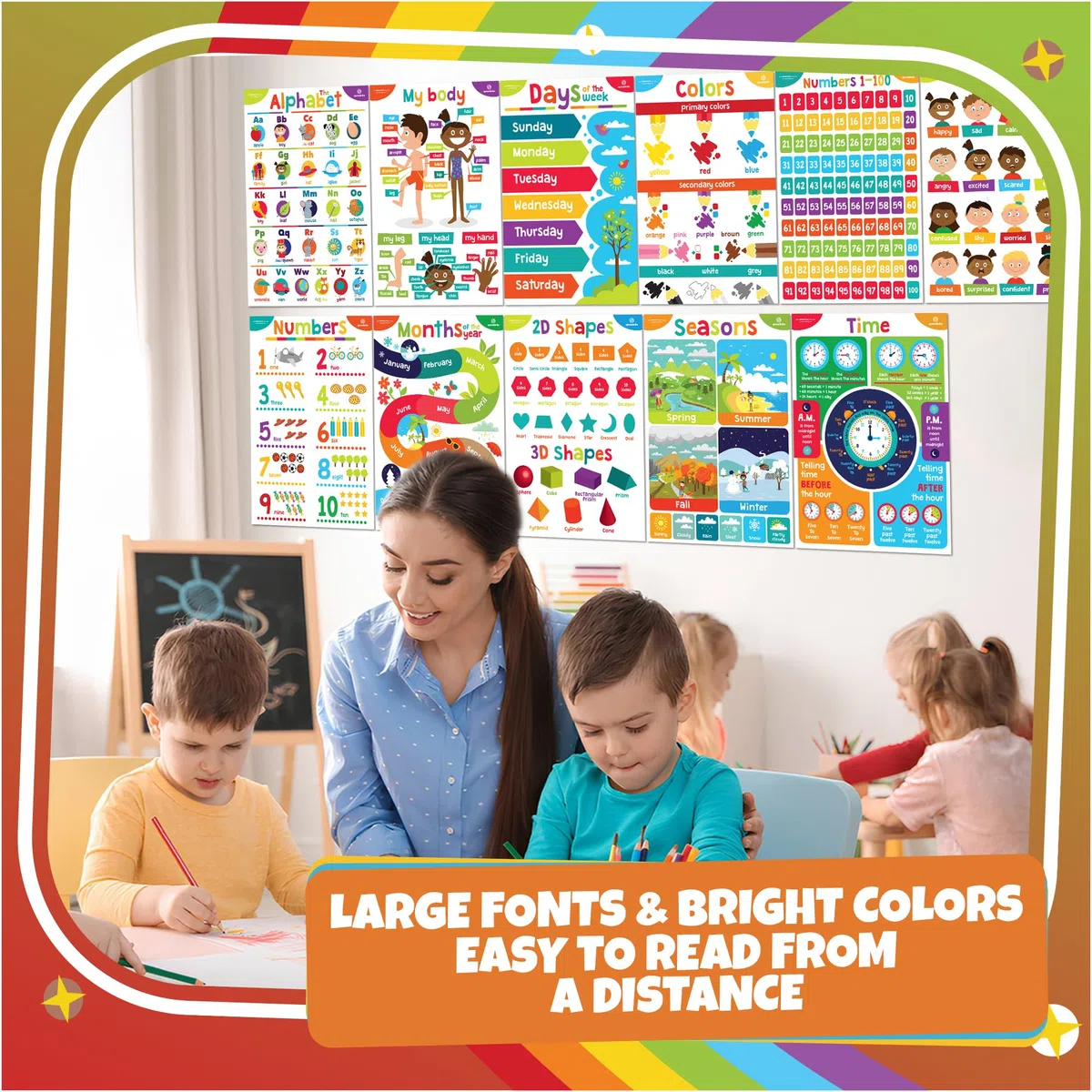 Sproutbrite Poster educativi per bambini – Decorazioni per aule – Materiali per la scuola materna – Decorazione per l'apprendimento prescolare – Poster ABC – 11 grafici per l'apprendimento a distanza