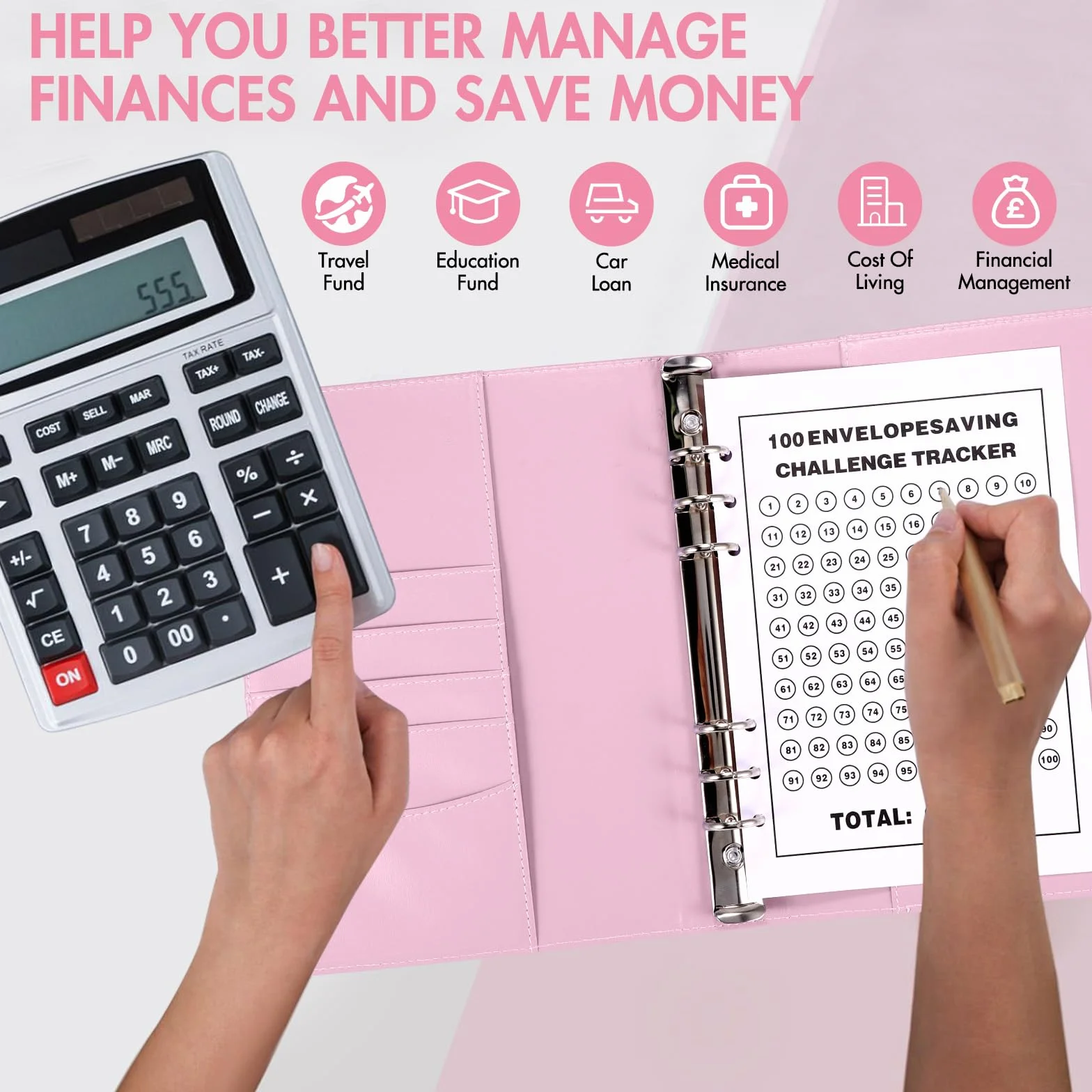 100 Envelope Saving Challenge, Libro del Risparmio, Cartelle Sfide, Pianificatore di Budget, Challenge del Risparmio con Buste Trasparenti per Denaro, Fogli di Budget, Cartelle per Risparmiare Denaro