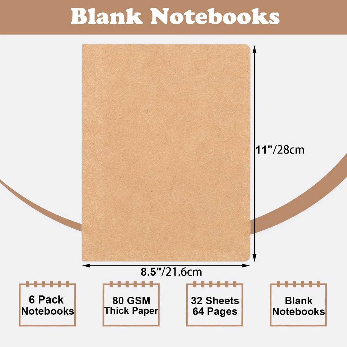 YBCPACK - Set di 6 quaderni vuoti A4, formato Kraft, 64 pagine (32 fogli), quaderno per appunti per ufficio, scuola e viaggi (21,6x28 cm)