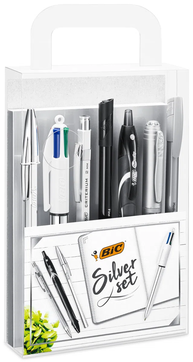 BIC Silver Set Scrittura, 1 Agenda, 2 Penne a Sfera e 1 a Gel, 1 Fineliner punta media Intensity, 1 Fineliner Intensity, 1 Pennarello Indelebile, 1 Portamine