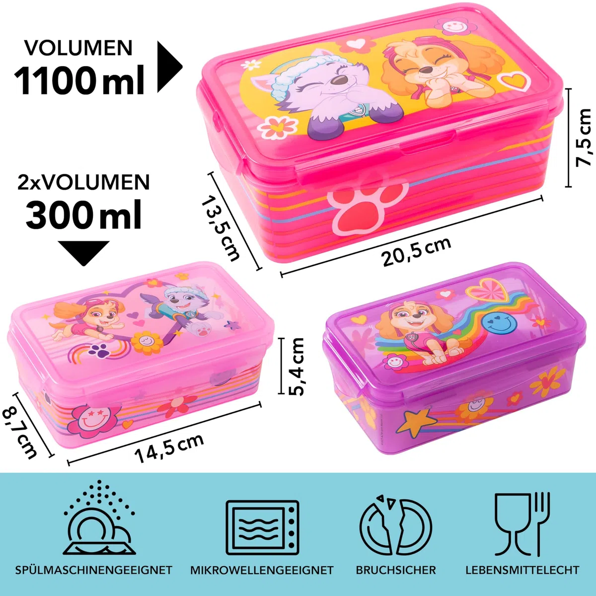 p:os PAW Patrol Borsa Termica Bambini 1,7 L con 3 Contenitori - Mini Frigo Portatile Rosa - Lunch Bag Isolata per Asilo, Scuola e Gite
