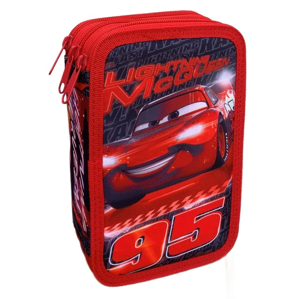 Astuccio Scuola 3 Zip, Cars, Disney, multiscomparto, Completo 44 Pezzi, Colori Giotto, 20 x 13 x 6 cm