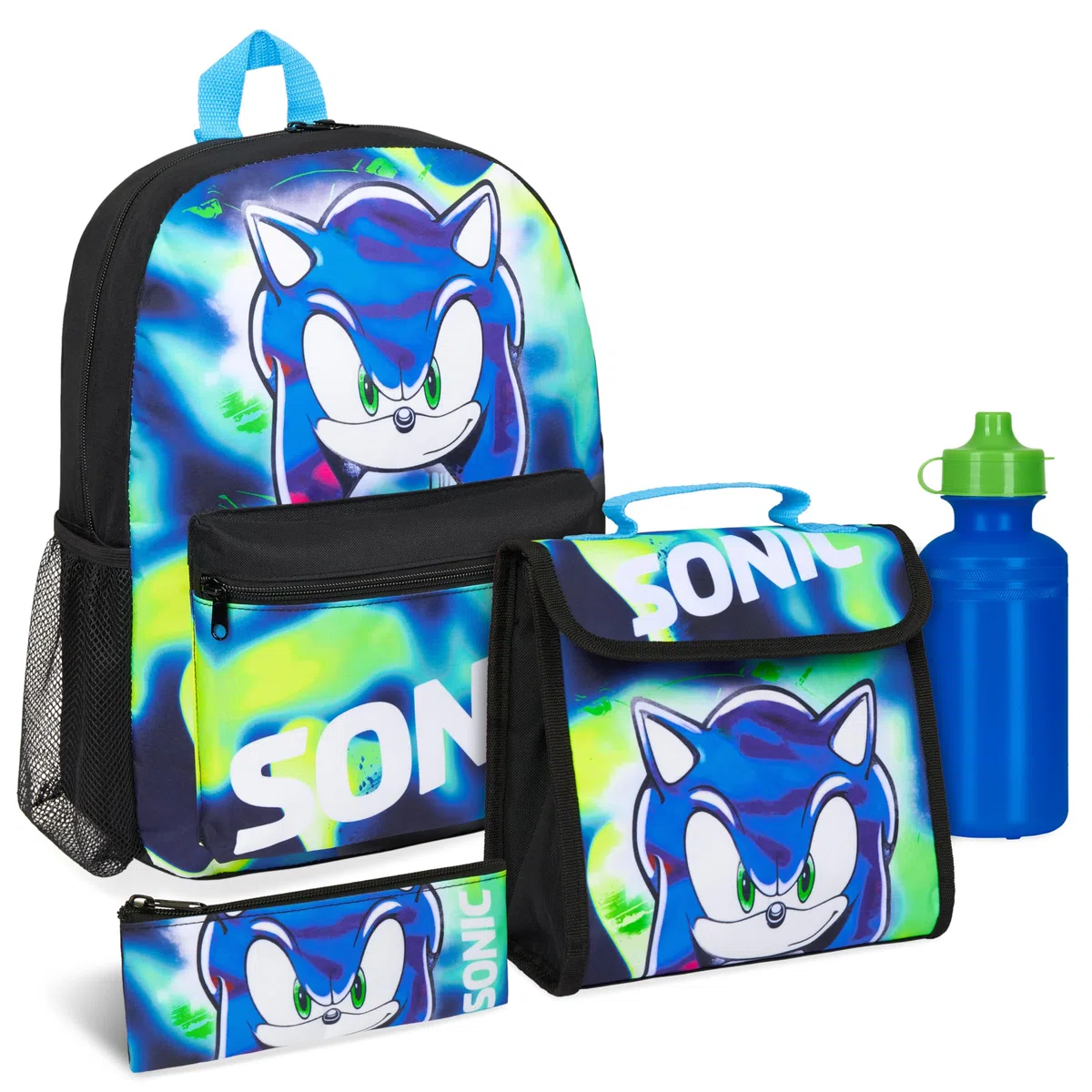 Get Trend SONIC THE HEDGEHOG Zainetto Bambino Set 4 Pz con Borraccia Bambini Astuccio Borsa Porta Pranzo Shadow Materiale Scolastico (Sonic 4 Pz Set)