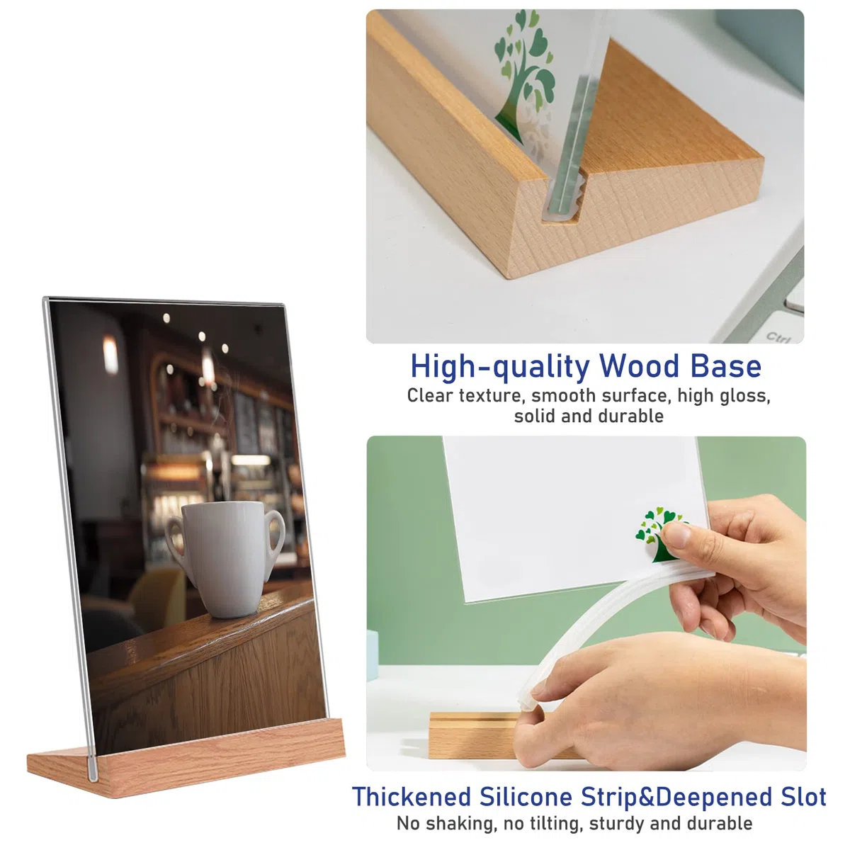 3 pezzi Espositori A4 con base in legno, in acrilico per poster, volantini, menù, supporto a L per espositori pubblicitari, ristorante, bancone (A4 Vertikal-Klar)