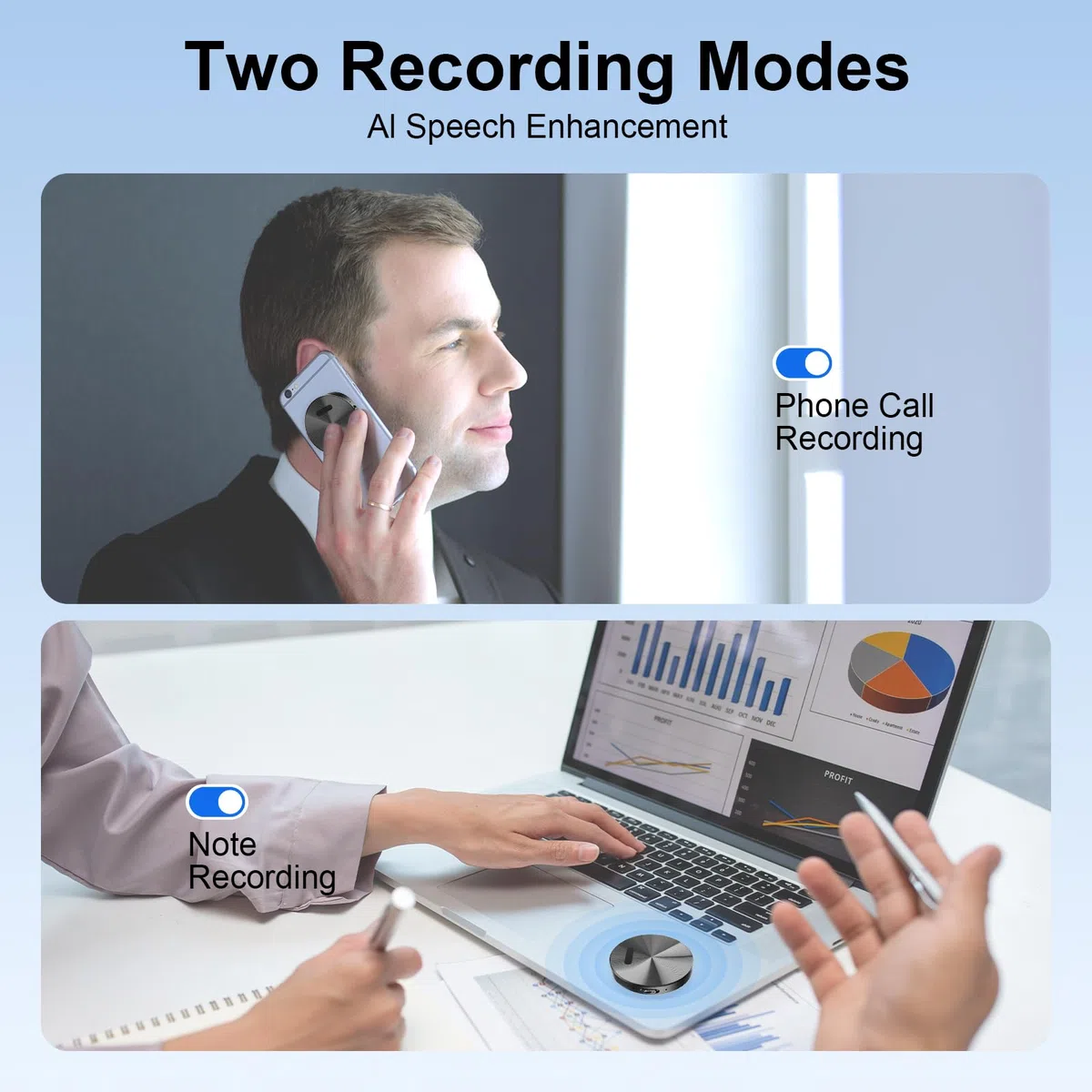 Registratore Vocale AI - Mini Registratori Vocali Digitali Professionale Magnetico con Trascrizione e Traduzione in Tempo Reale, App Controllata, Riduzione Rumore Compatibile con Android/iOS
