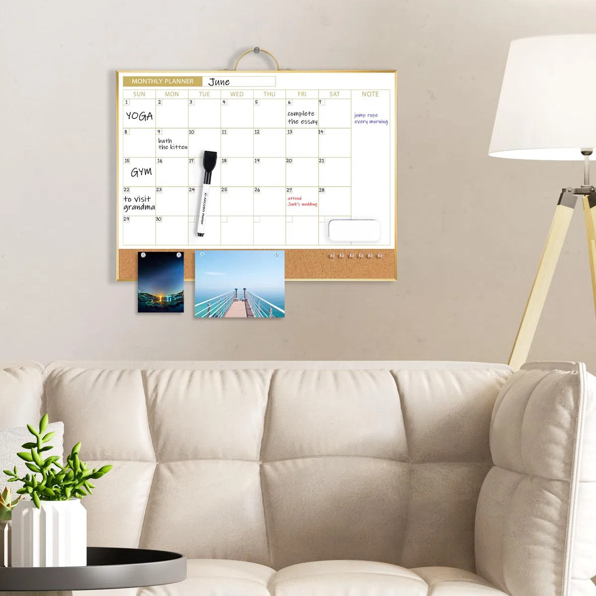 ARCOBIS Calendario cancellabile a secco con lavagna in sughero da parete, 30,5 x 40,6 cm, calendario bifacciale e lavagna magnetica mensile per casa, ufficio, scuola