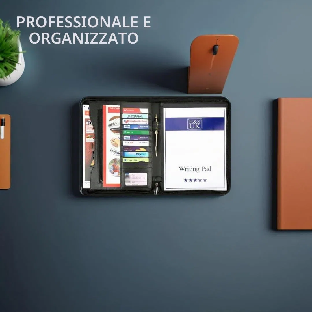 H&S Cartella Portadocumenti A4 con Cerniera - Cartellina Porta Documenti in Ecopelle con Custodia - Portablocco Appunti con 11 Scomparti per Carte e Biglietti da Visita