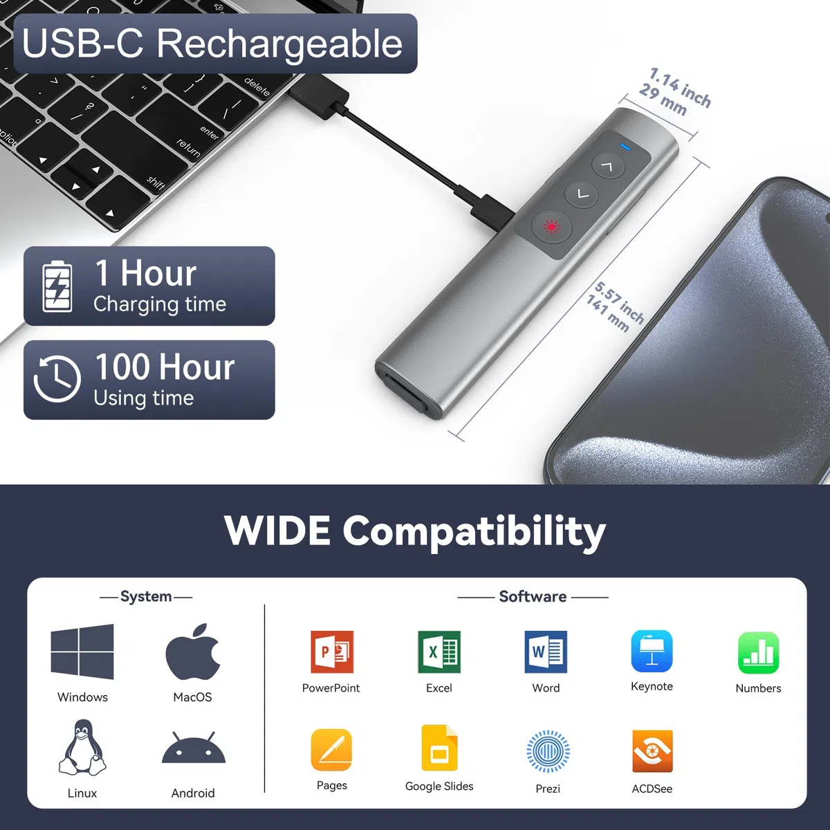 Puntatore Presenter Wireless Ricaricabile, Controllo del Volume, Telecomando Presentazioni Powerpoint, USB C Wireless Penna Puntatore PC per Presentazioni di Slides su Computer, Laptop, Mac
