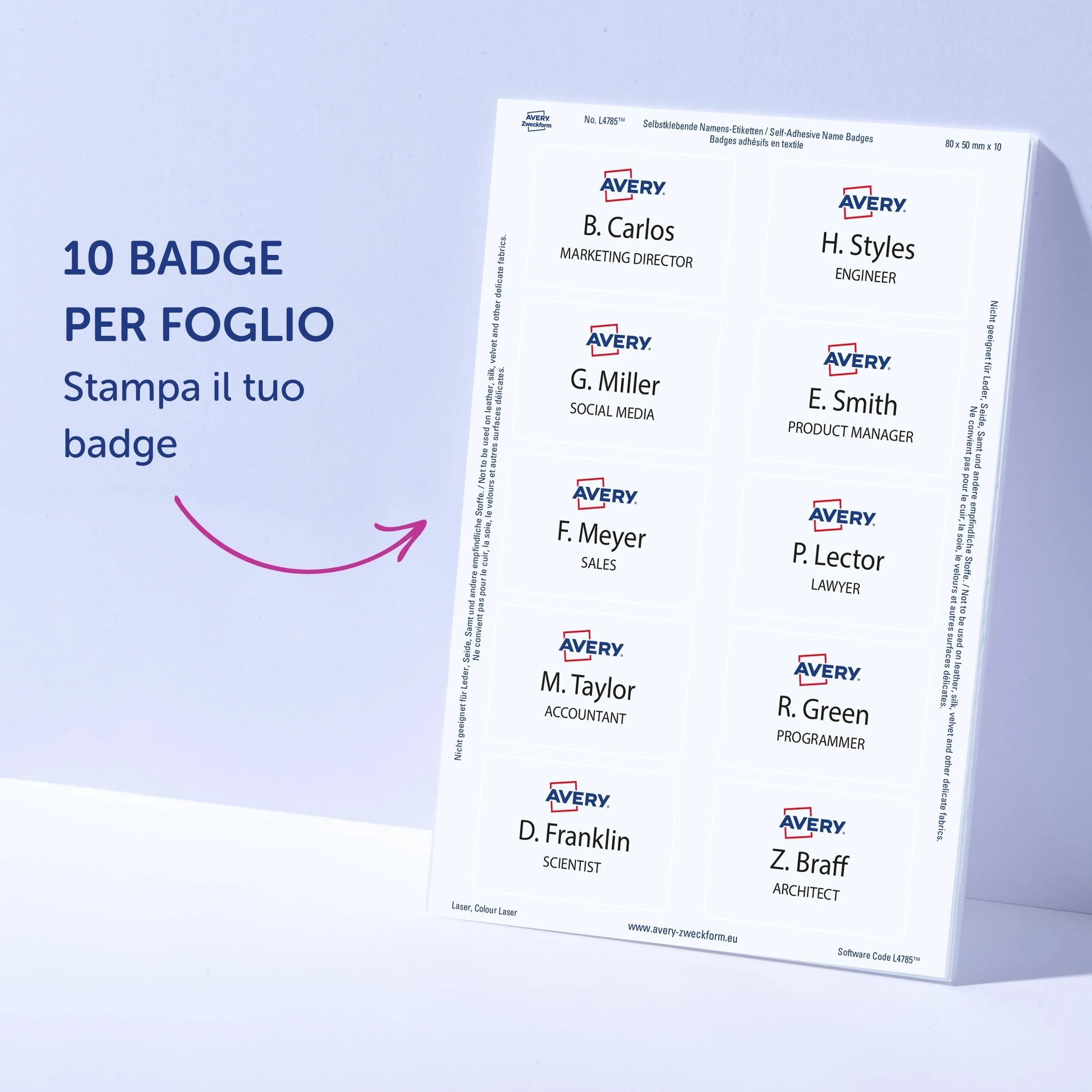 Avery Italia L4785-20 Badge Adesivi, Stampanti Laser, 20 Fogli, 80 x 50, Bianco