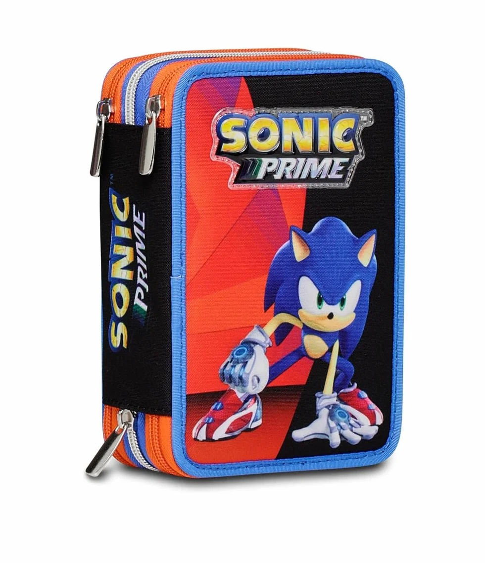 Seven Sonic Astuccio Scuola Elementare 3 Scomparti, COME AND GET ME, Blu Rosso, Contenuto 43 pz, Completo di Matite, Penne, Pennarelli, Portapenne Scuola Bambino Elementari