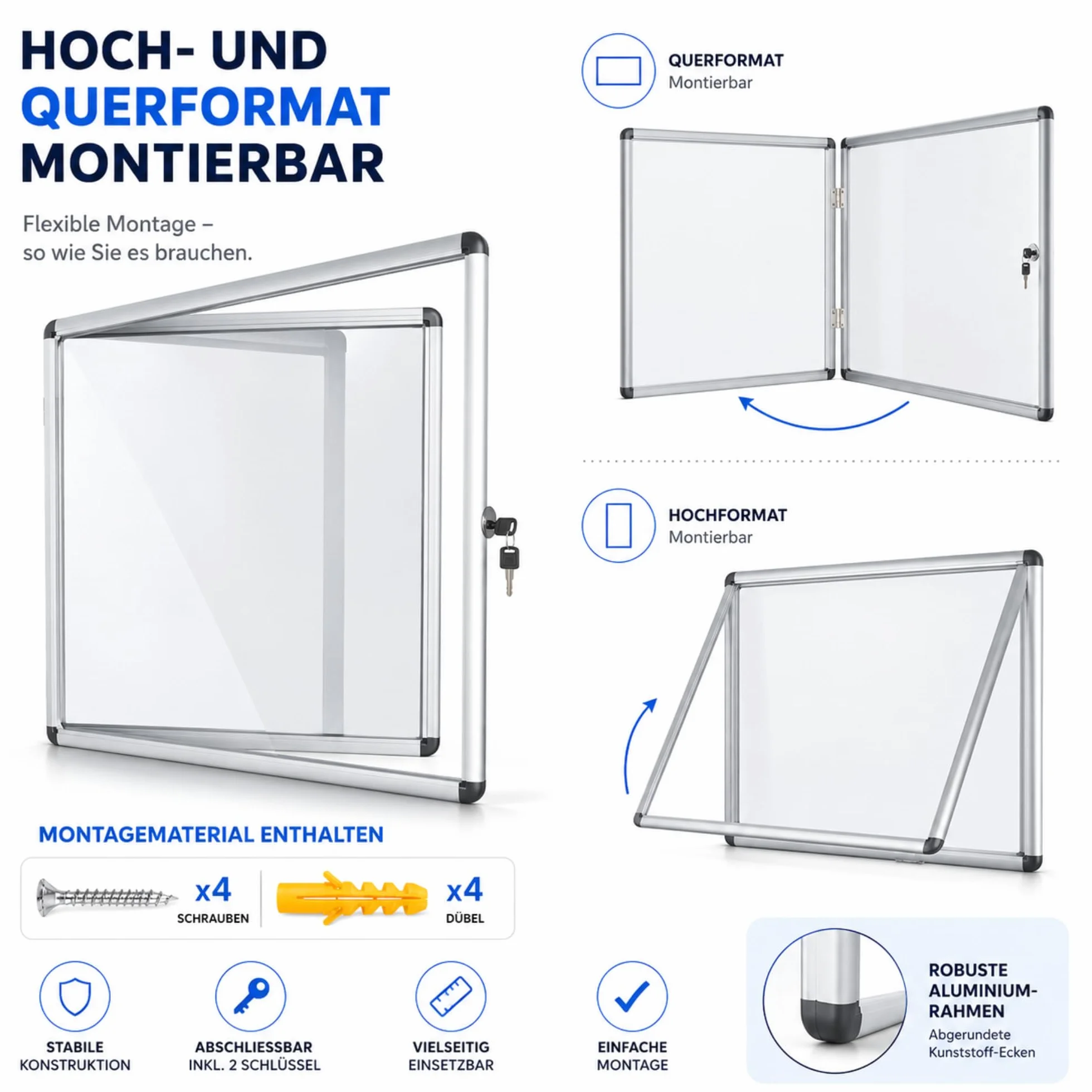 Floordirekt Vetrina 2 x A4 con 4 calamite, cassetta informativa, da appendere alla parete posteriore magnetica e scrivibile, con telaio in alluminio e vetro acrilico