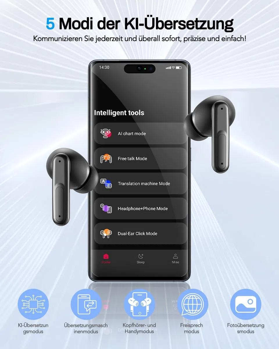 Traduttore auricolare AI, traduttore vocale 3 in 1, cuffie 134 lingue con app, 5 modalità di traduzione in tempo reale, auricolari traduttori, 60H Bluetooth 5.4 Translator Earbuds per apprendimento