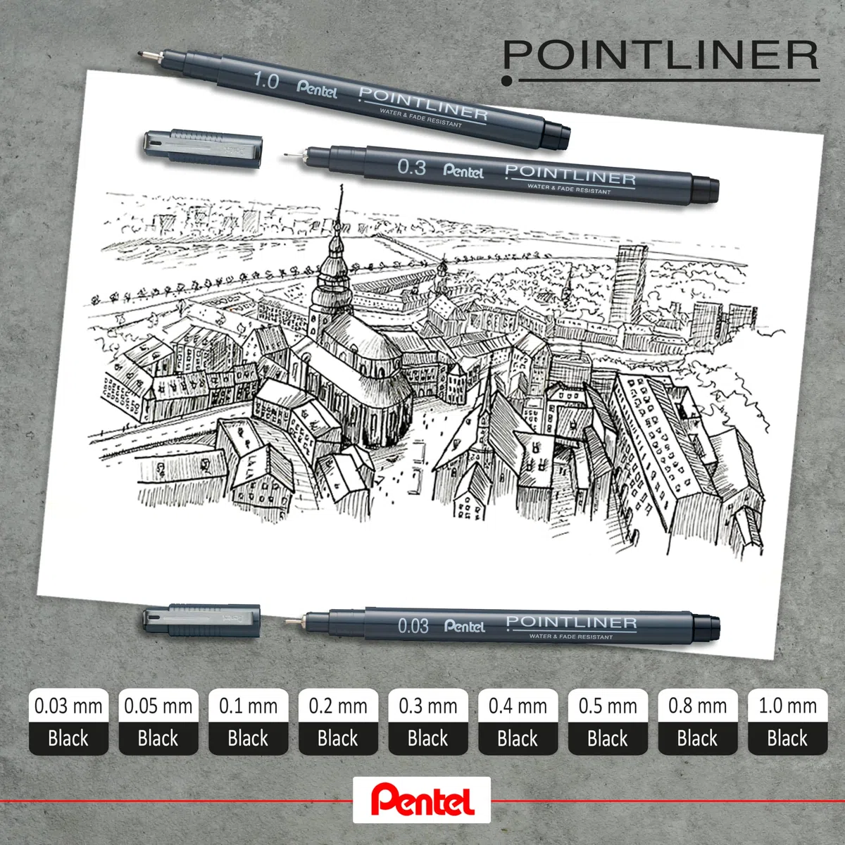 Pentel Pointliner Pigment Liner S20P - Pennarelli a punta fine, da 0,03 mm a 3,0 mm, inchiostro nero, seppia, sanguina e grigio, confezione da 14
