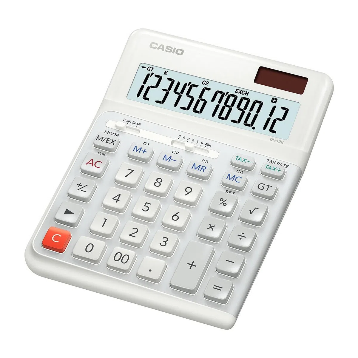 Casio Calcolatrice da tavolo ergonomica DE-12E-WE, 12 cifre, tastiera design scale, battute verticali, calcolo tasse, conversione valuta, cambio segno, funzionamento solare/batteria