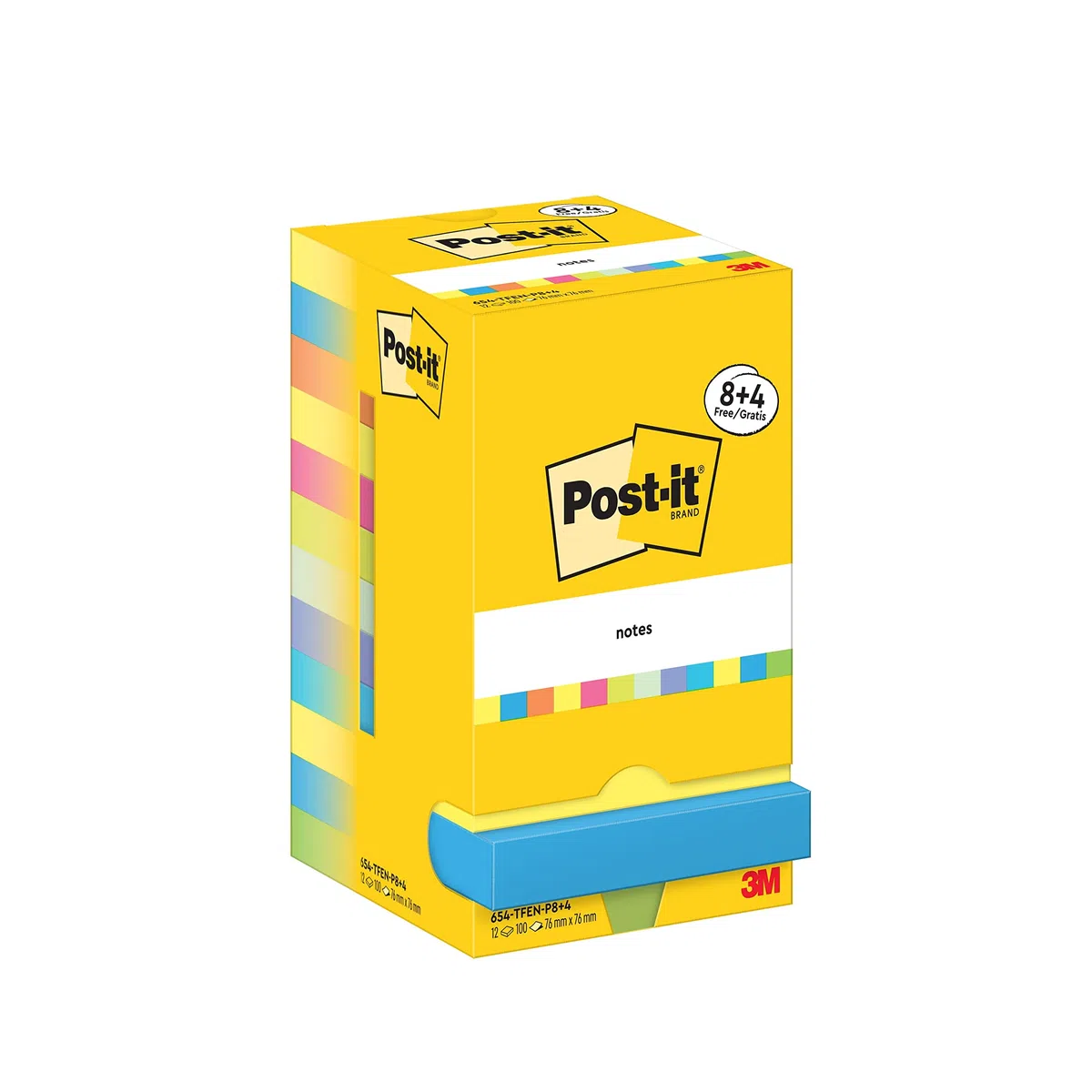 Post-it Foglietti, Collezione Energetic, Confezione da 8 blocchetti + 4 Gratis, 76 mm x 76 mm, Colori Giallo, Azzurro, Rosa, Verde - Foglietti Adesivi per Appunti, Elenchi & Promemoria