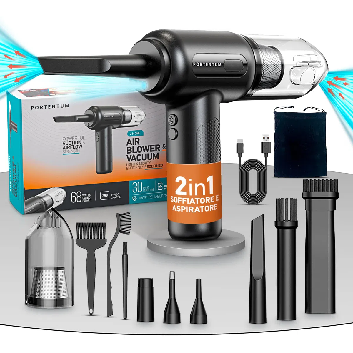 PORTENTUM® 2 in 1 Aspirapolvere Senza Fili et Aria Compressa - Batteria, 3 Velocità e Luce a LED - Aspirapolvere auto, Tastiera, PC, Casa, Auto