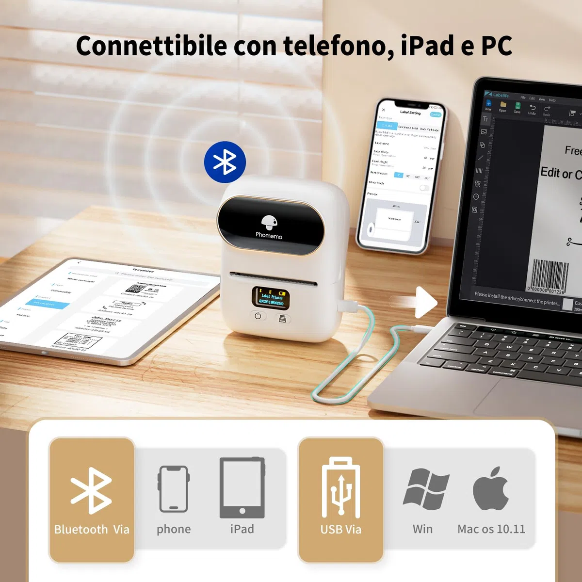 Phomemo Etichettatrice M110 Bluetooth Stampante Etichette Adesive, Stampante Termica Portatile Compatibile con iOS Android e PC, per Piccole Imprese, Negozio, Logo, Cucina, Indirizzo,Negozio