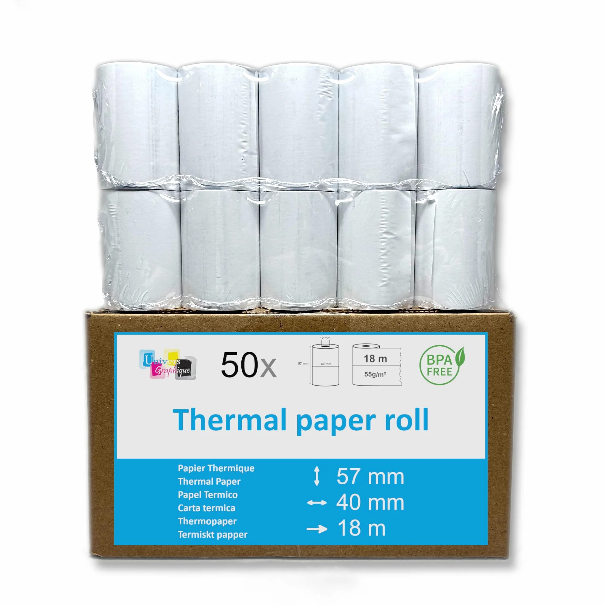 50 Rotoli di Carta Termica 57 x 40 mm per Stampare Scontrini Carta Bianca di Alta Qualità