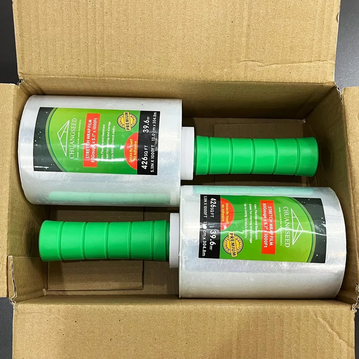 CHUANGSEED Pellicola estensibile trasparente con set di maniglie da 2 rulli, 13cmX305m, pellicola termoretraibile mobile, pellicola di imballaggio autoadesiva, adatta per uso domestico e commerciale
